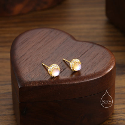Moon Phase Moonstone Stud Earrings in Sterling Silver, Silver or Gold or Rose Gold, Delicate Moon Earrings, Moonstone Earrings, Celestial