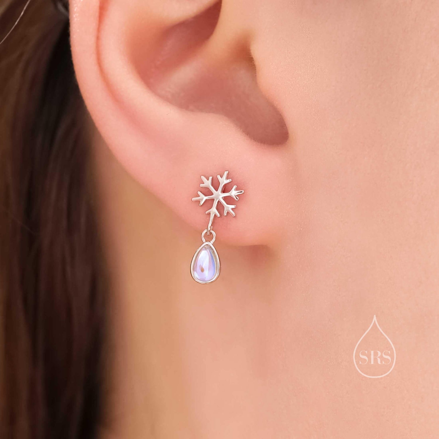 Snowflake and Moonstone Stud Earrings in Sterling Silver, Snow Earrings, Moonstone Droplet Earrings