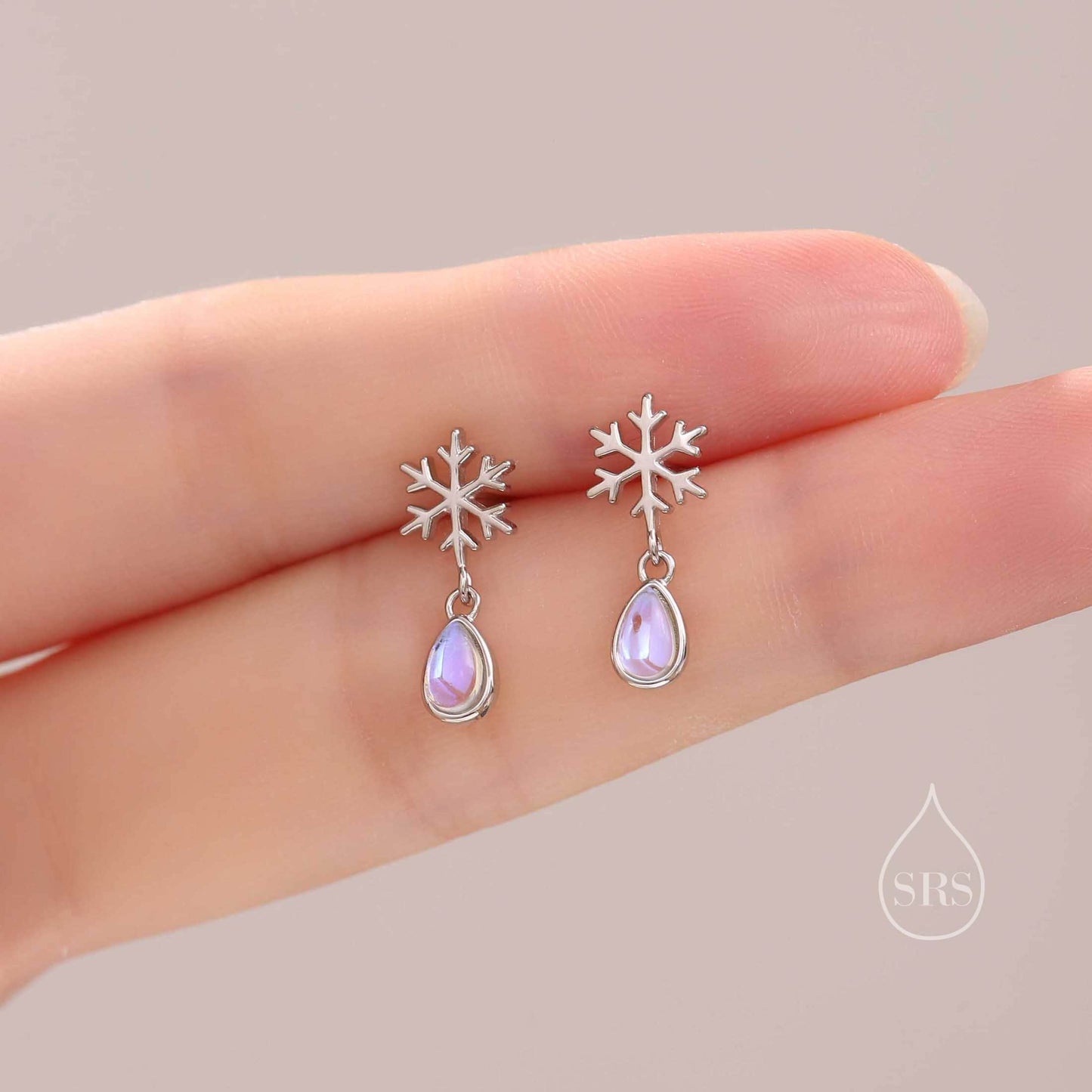 Snowflake and Moonstone Stud Earrings in Sterling Silver, Snow Earrings, Moonstone Droplet Earrings