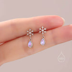 Snowflake and Moonstone Stud Earrings in Sterling Silver, Snow Earrings, Moonstone Droplet Earrings