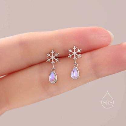 Snowflake and Moonstone Stud Earrings in Sterling Silver, Snow Earrings, Moonstone Droplet Earrings
