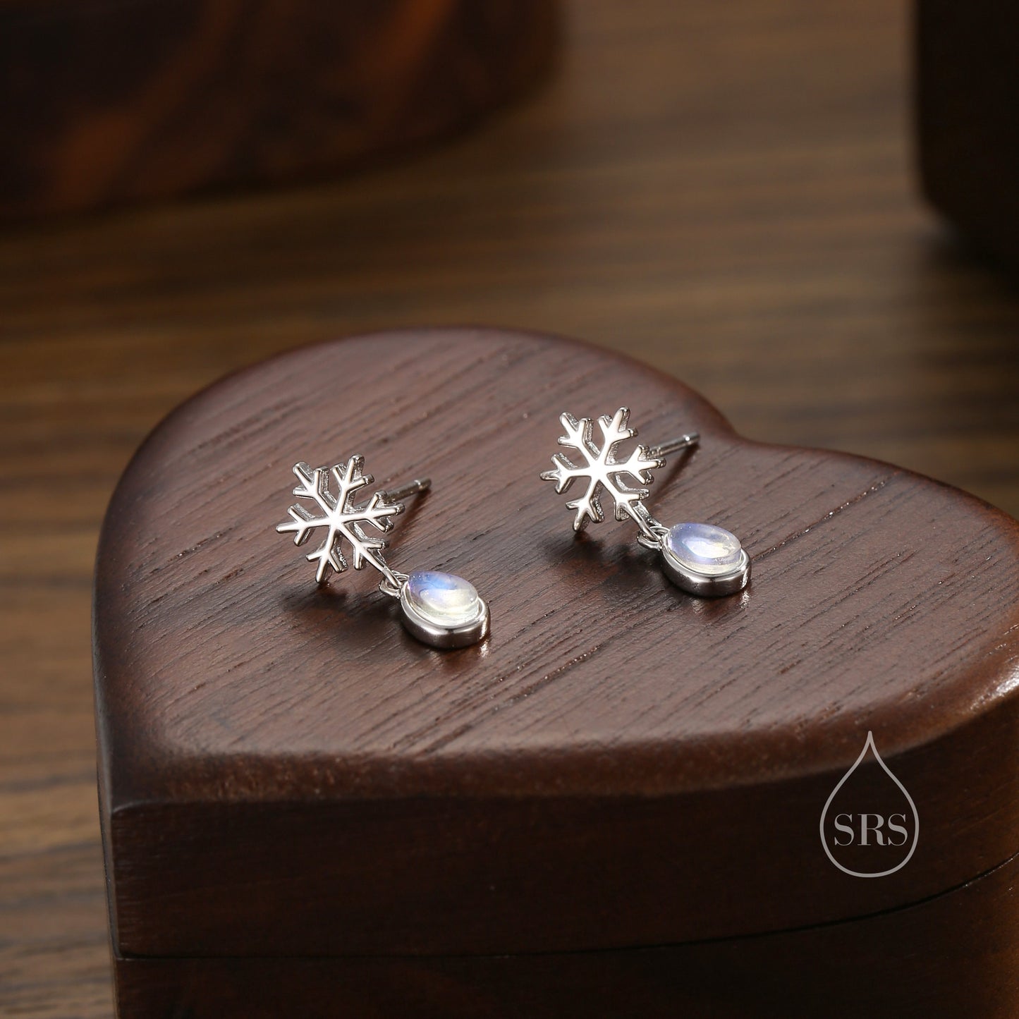 Snowflake and Moonstone Stud Earrings in Sterling Silver, Snow Earrings, Moonstone Droplet Earrings