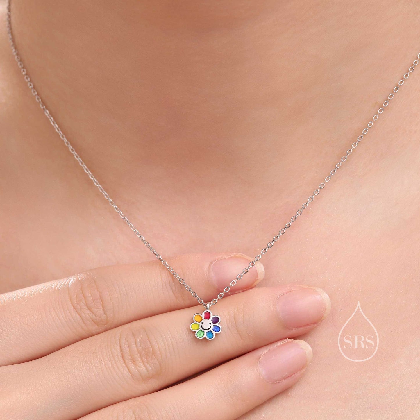 Enamel Smiling Flower Pendant Necklace in Sterling Silver, Silver Rainbow Flower Necklace, Tiny Multi Colour Flower Necklace