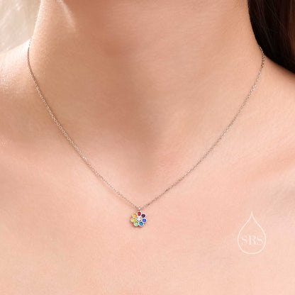 Enamel Smiling Flower Pendant Necklace in Sterling Silver, Silver Rainbow Flower Necklace, Tiny Multi Colour Flower Necklace