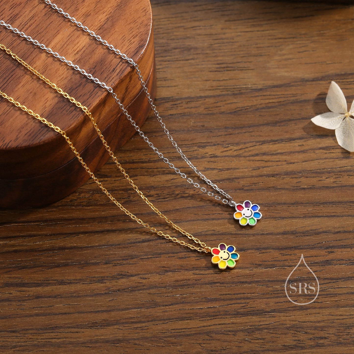 Enamel Smiling Flower Pendant Necklace in Sterling Silver, Silver Rainbow Flower Necklace, Tiny Multi Colour Flower Necklace