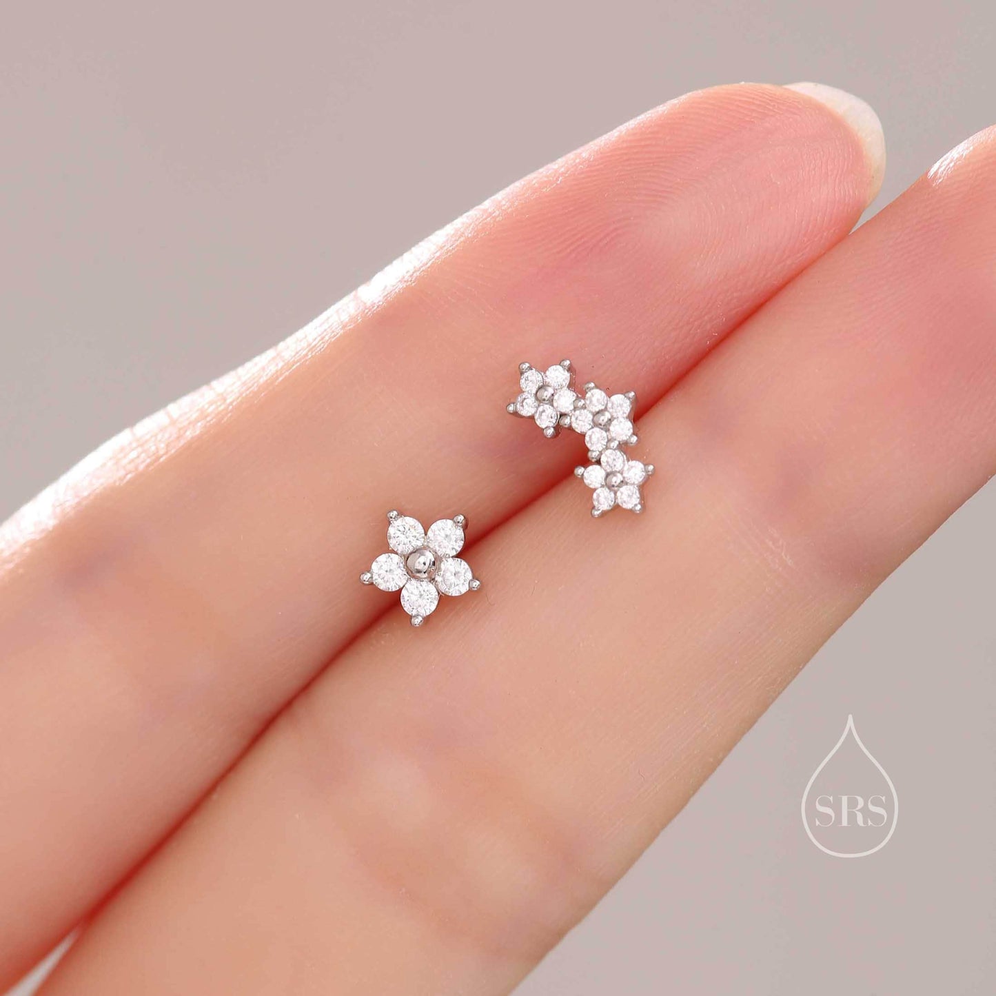 Internally Threaded Asymmetric Forget Me Not Flower Bouquet Flat Back Earrings in Sterling Silver, Silver, Gold or Rose Gold,