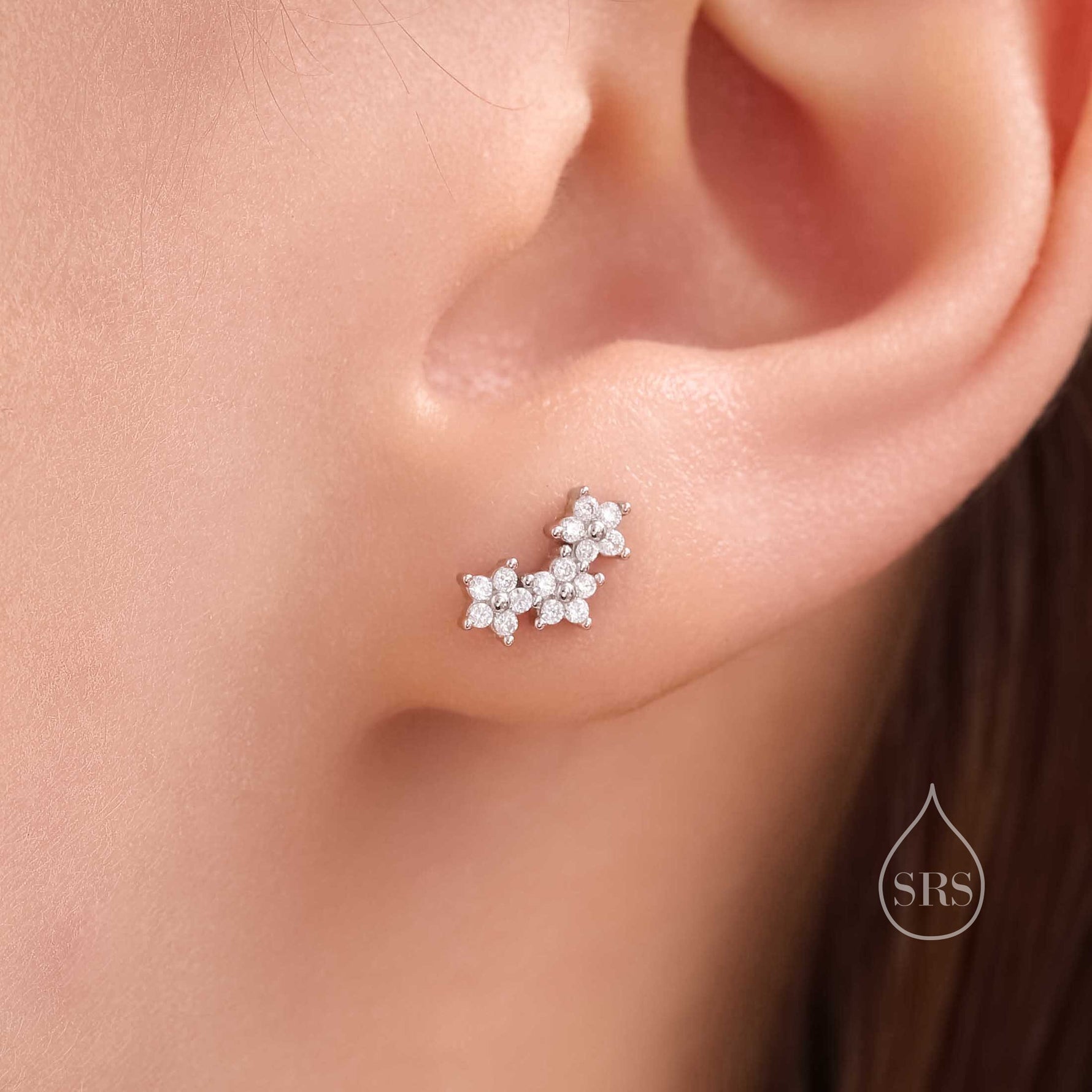 Asymmetric Forget Me Not Flower Bouquet CZ 16G Internally Threaded Flat Back Earrings in Sterling Silver