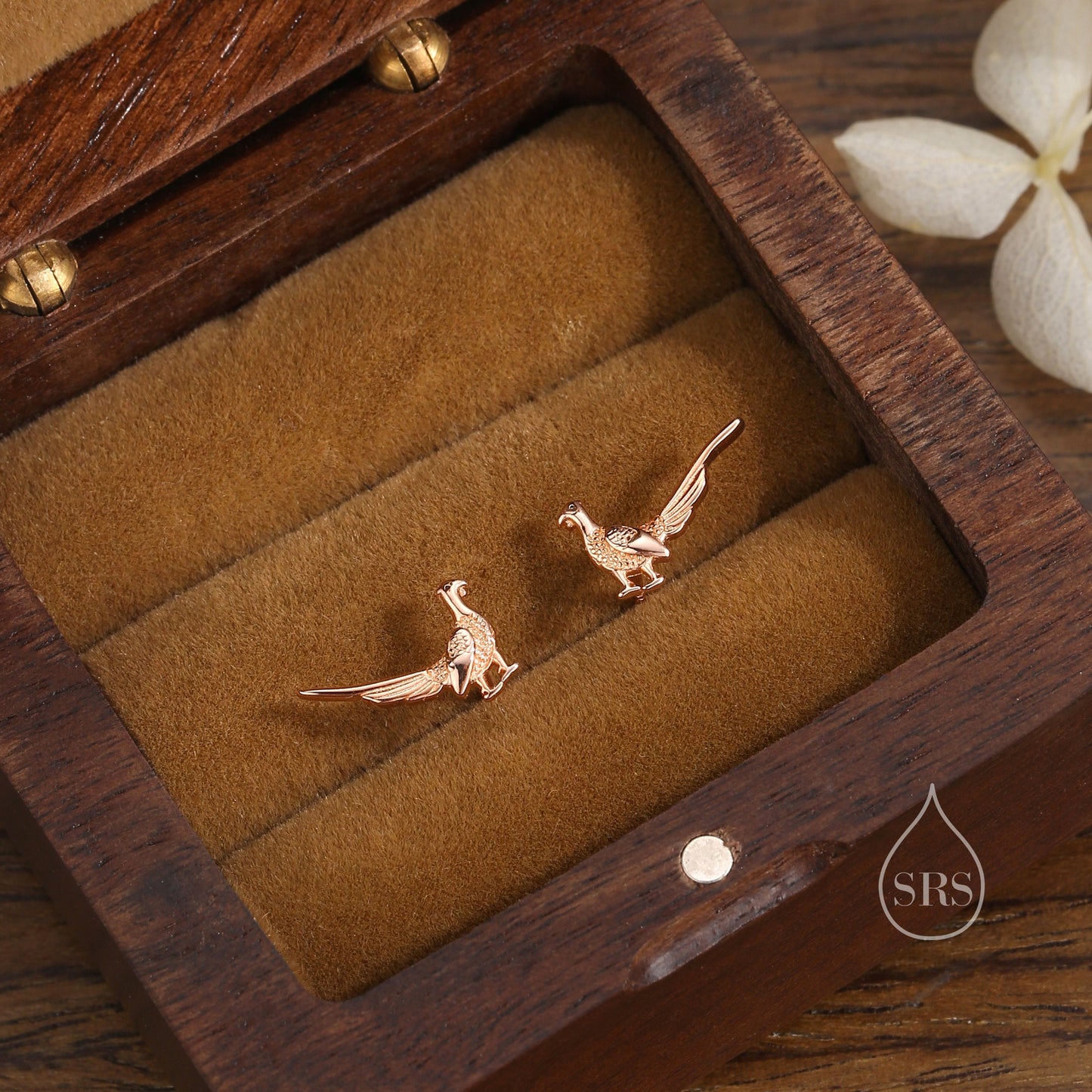 Sterling Silver Tiny Pheasant Bird Stud Earrings Earrings, Silver or Gold or Rose Gold, Pheasant Earrings in Sterling Silver