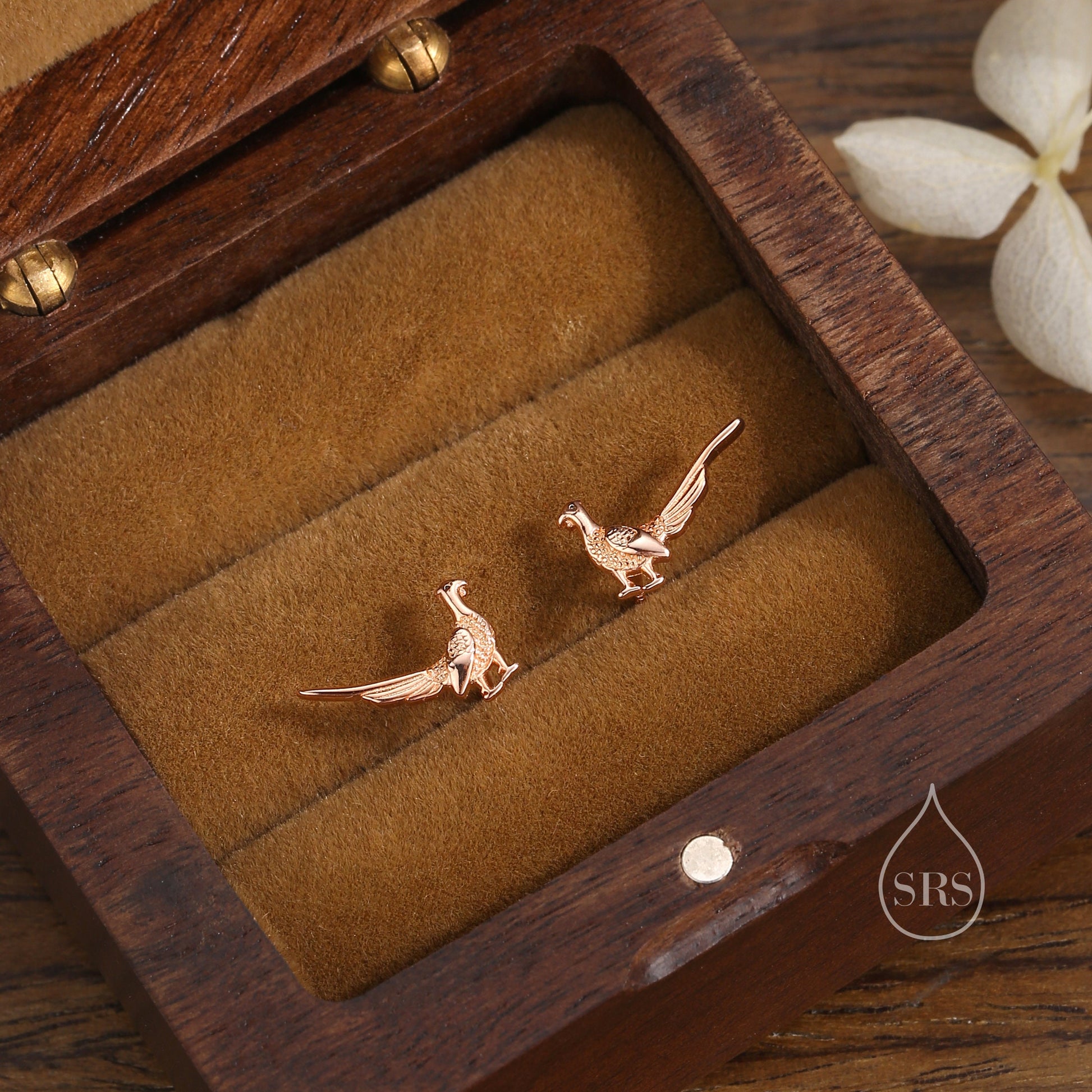 Sterling Silver Tiny Pheasant Bird Stud Earrings Earrings, Silver or Gold or Rose Gold, Pheasant Earrings in Sterling Silver