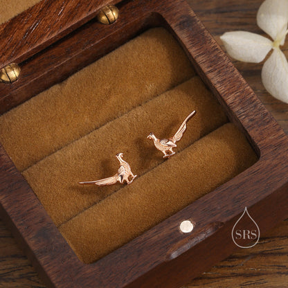 Sterling Silver Tiny Pheasant Bird Stud Earrings Earrings, Silver or Gold or Rose Gold, Pheasant Earrings in Sterling Silver