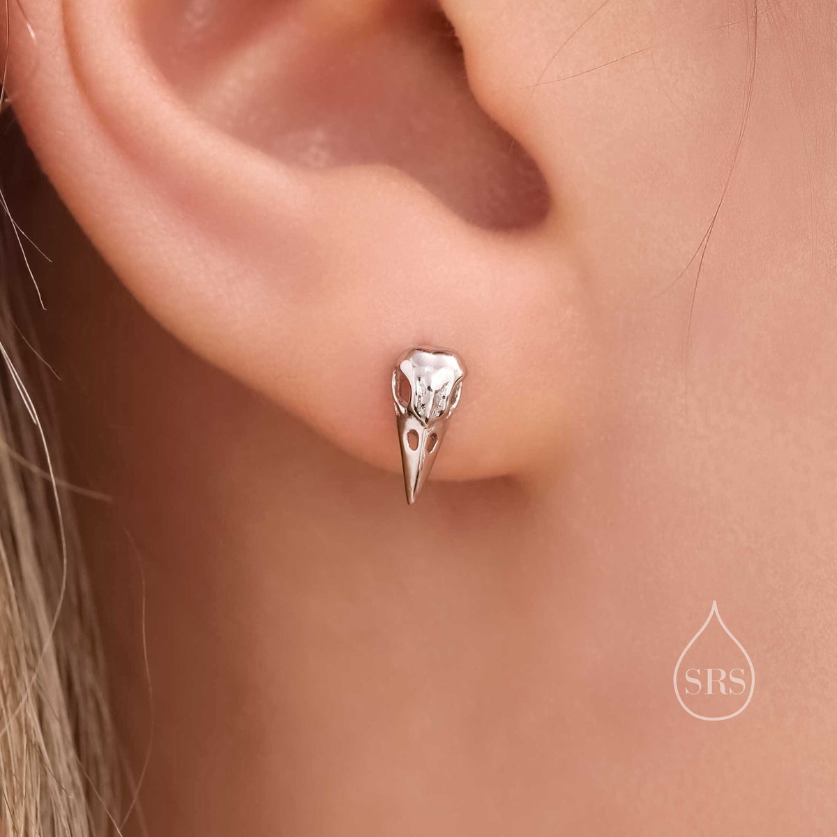 Mismatched Sterling Silver Bird Skull and Bull Skull Stud Earrings, Silver or Gold or Rose Gold, Bird Skeleton Earrings in Sterling Silver