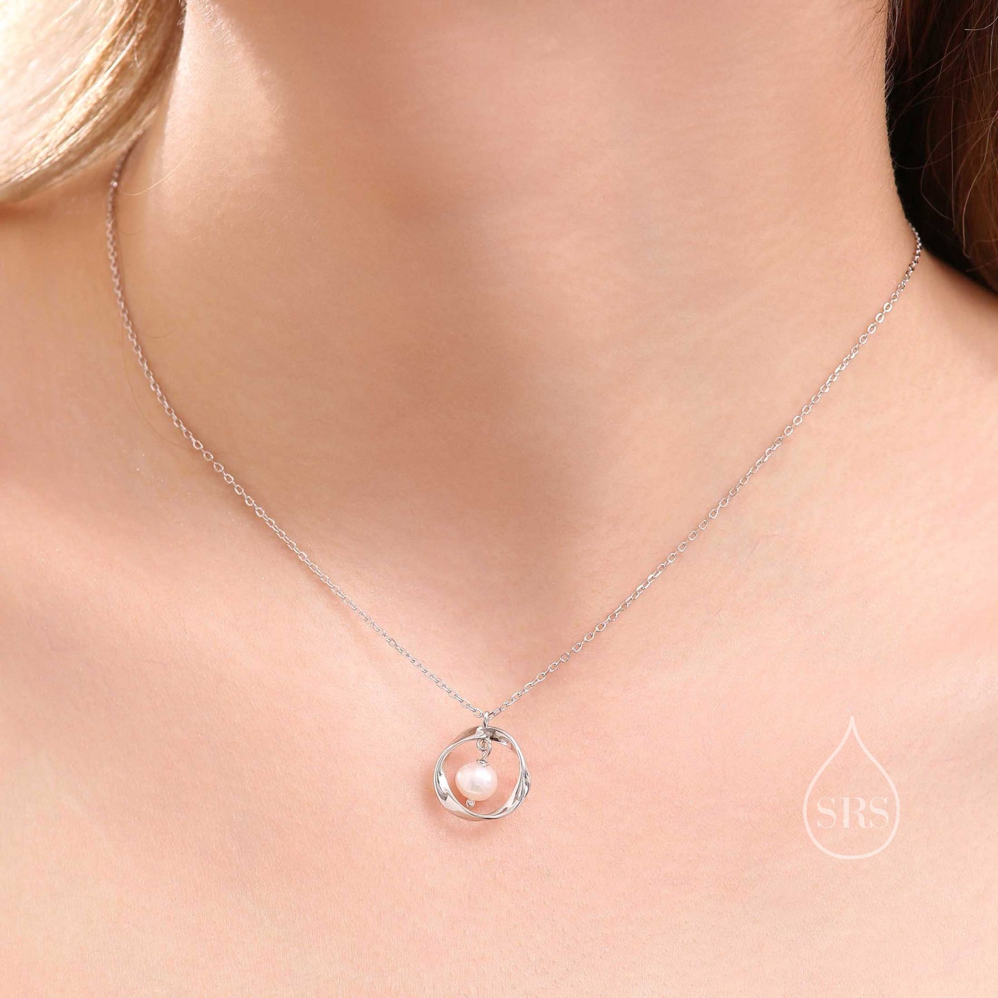 Genuine Freshwater Pearl and Mobius Circle Pendant Necklace in Sterling Silver, Silver or Gold,  Delicate Keshi Pearl Halo