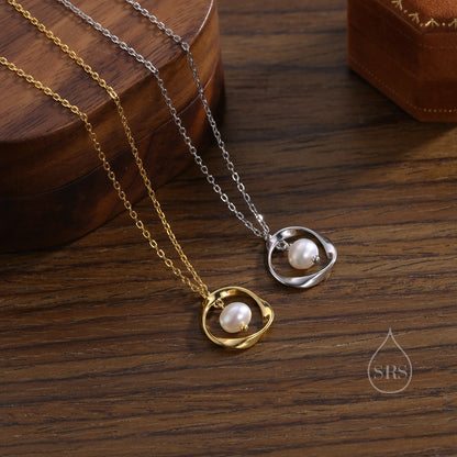 Genuine Freshwater Pearl and Mobius Circle Pendant Necklace in Sterling Silver, Silver or Gold,  Delicate Keshi Pearl Halo