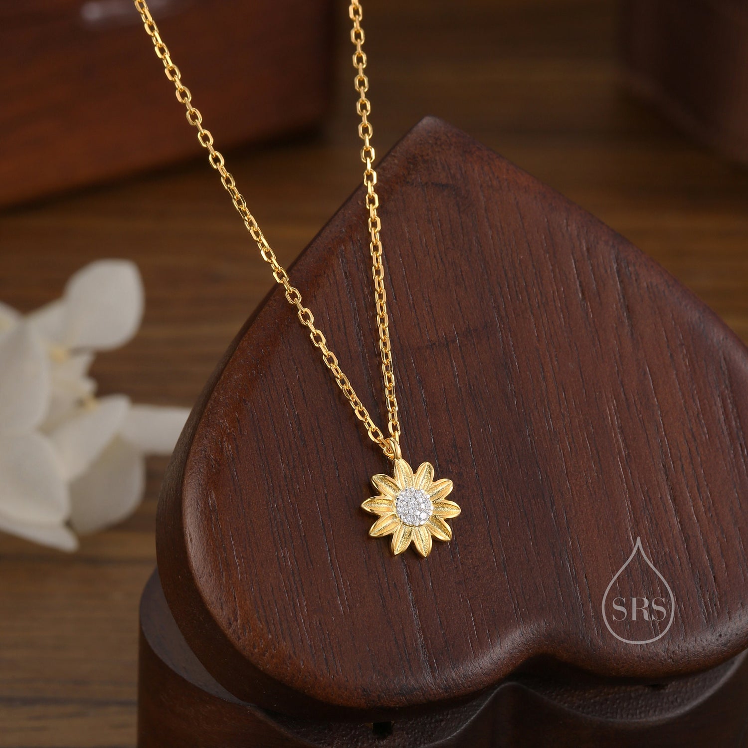 Sterling Silver Tiny Little Sunflower Pendant Necklace, Flower Necklace, Sunflower Necklace, Two Tone Flower Pendant Necklace