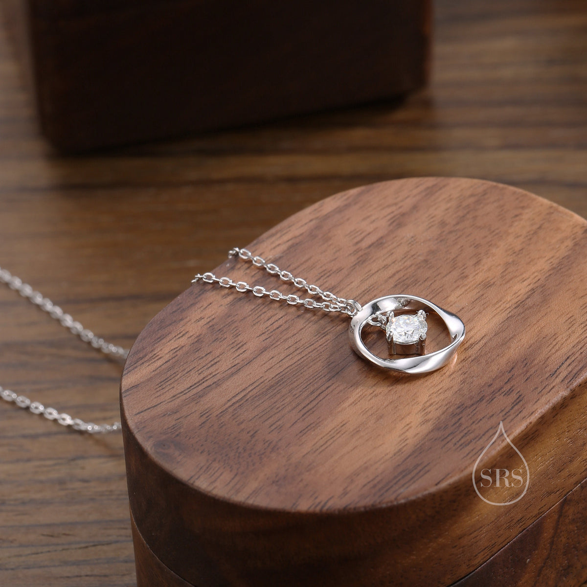 Genuine Moissanite and Mobius Circle Pendant Necklace in Sterling Silver, Delicate Moissanite Halo
