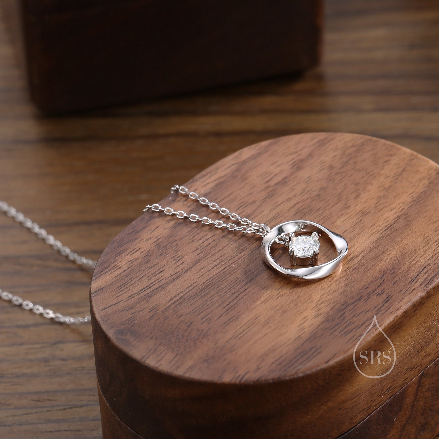 Genuine Moissanite and Mobius Circle Pendant Necklace in Sterling Silver, Delicate Moissanite Halo