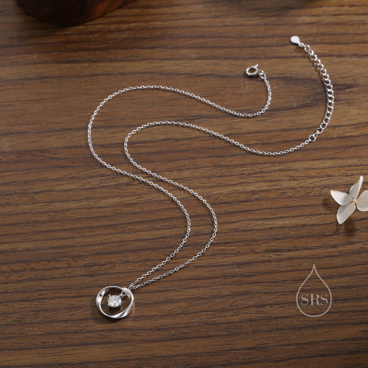 Genuine Moissanite and Mobius Circle Pendant Necklace in Sterling Silver, Delicate Moissanite Halo