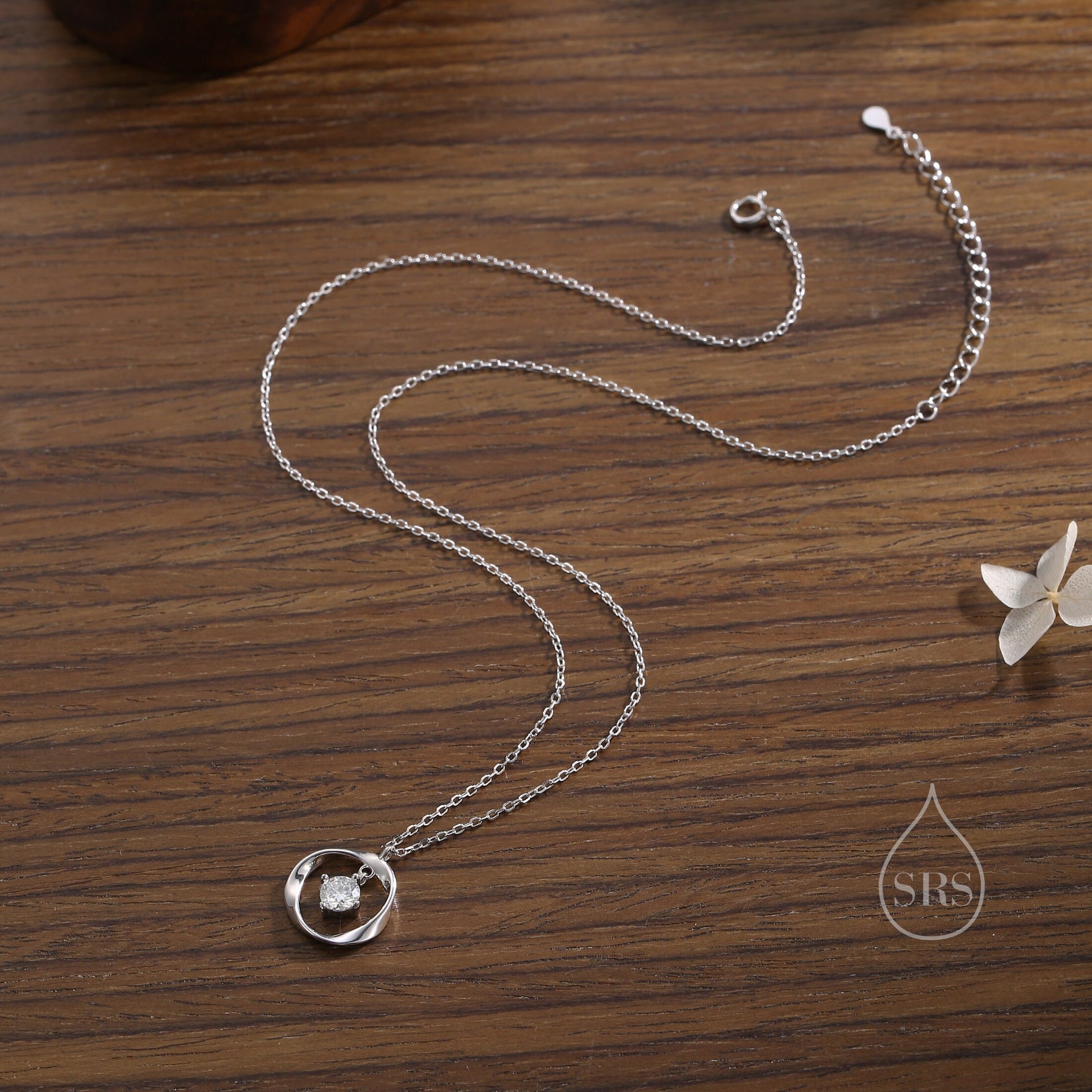 Genuine Moissanite and Mobius Circle Pendant Necklace in Sterling Silver, Delicate Moissanite Halo