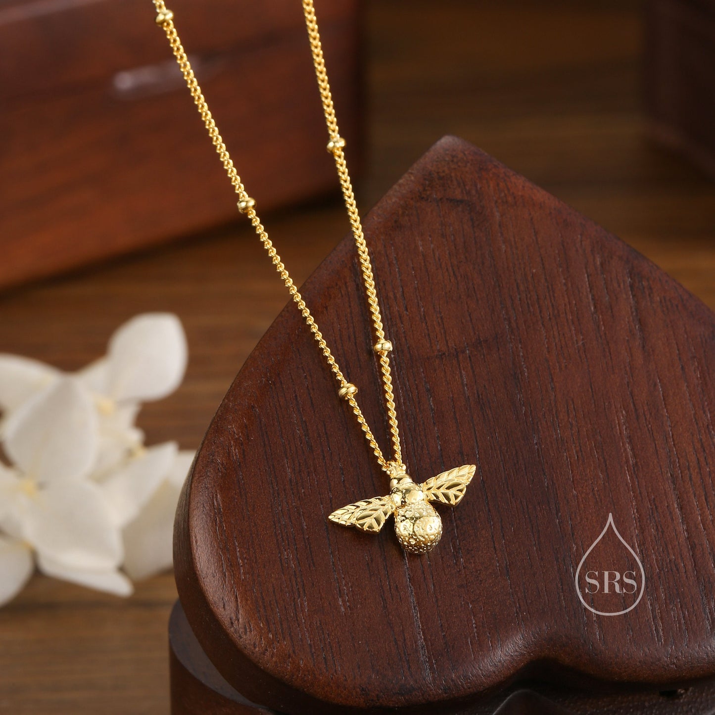 Tiny Bumble Bee Pendant Necklace in Sterling Silver, Silver or Gold, Beaded Chain Bee Necklace, Satellite Chain, Nature Inspired