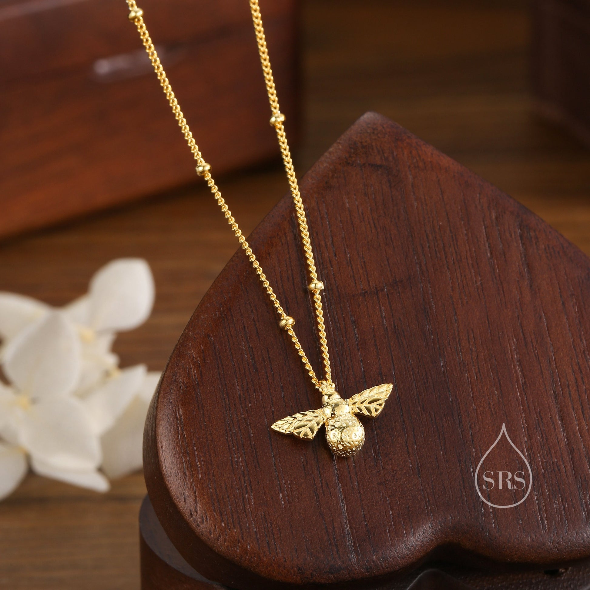 Tiny Bumble Bee Pendant Necklace in Sterling Silver, Silver or Gold, Beaded Chain Bee Necklace, Satellite Chain, Nature Inspired