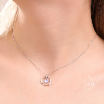 Moonstone and Mobius Circle Pendant Necklace in Sterling Silver, Silver or Gold, Mobius Strip Necklace with Simulated Moonstone