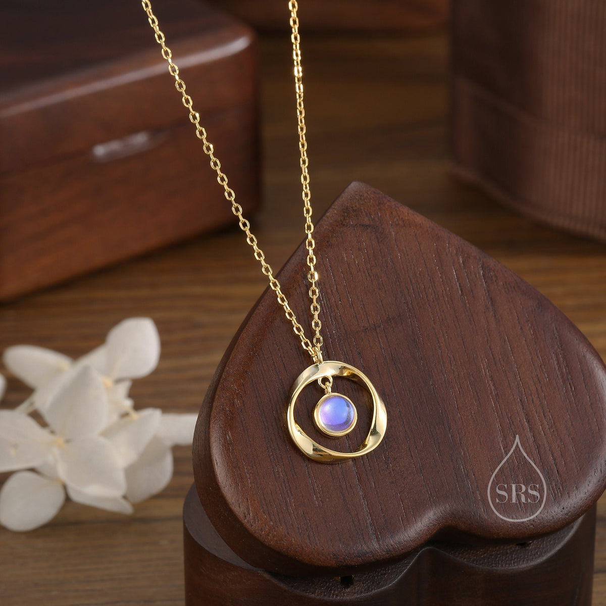 Moonstone and Mobius Circle Pendant Necklace in Sterling Silver, Silver or Gold, Mobius Strip Necklace with Simulated Moonstone