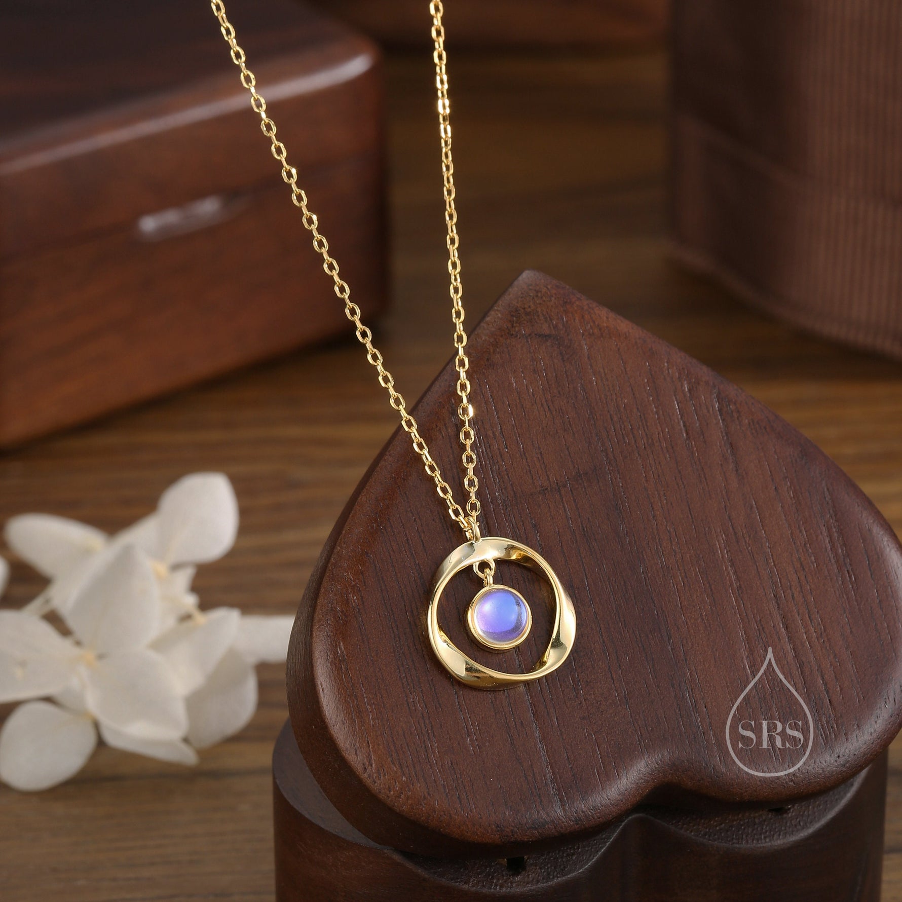 Moonstone and Mobius Circle Pendant Necklace in Sterling Silver, Silver or Gold, Mobius Strip Necklace with Simulated Moonstone