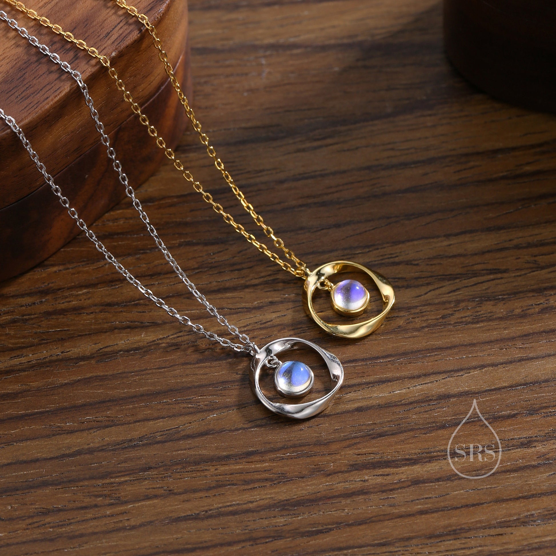 Moonstone and Mobius Circle Pendant Necklace in Sterling Silver, Silver or Gold, Mobius Strip Necklace with Simulated Moonstone