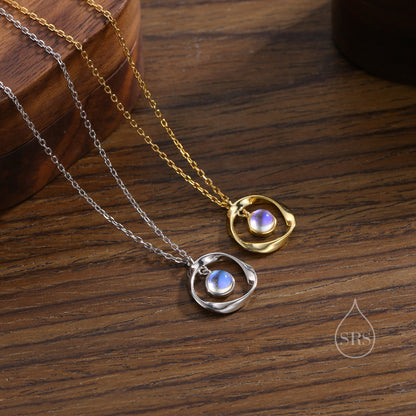 Moonstone and Mobius Circle Pendant Necklace in Sterling Silver, Silver or Gold, Mobius Strip Necklace with Simulated Moonstone