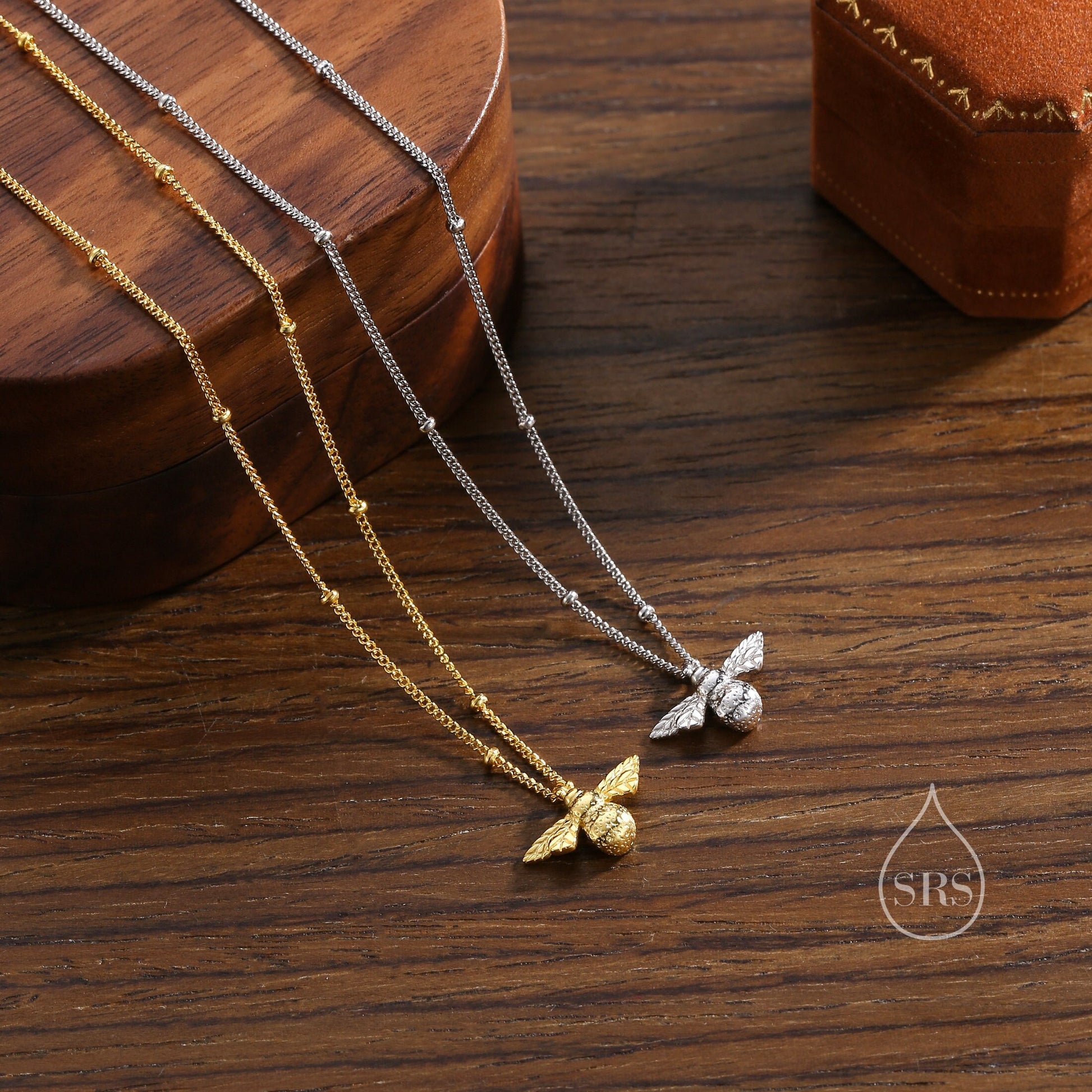 Tiny Bumble Bee Pendant Necklace in Sterling Silver, Silver or Gold, Beaded Chain Bee Necklace, Satellite Chain, Nature Inspired