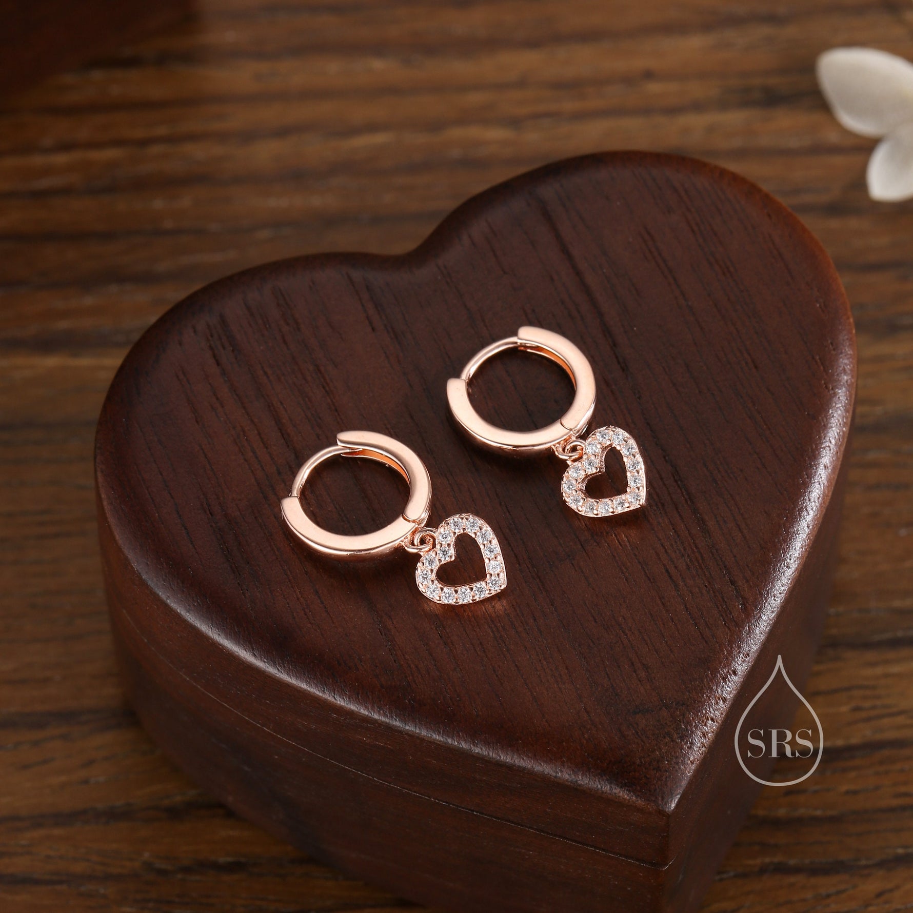 Tiny CZ Heart Dangle Huggie Hoop in Sterling Silver, Silver or Gold or Rose Gold, Skinny CZ Heart Earrings, Heart Huggie Hoops
