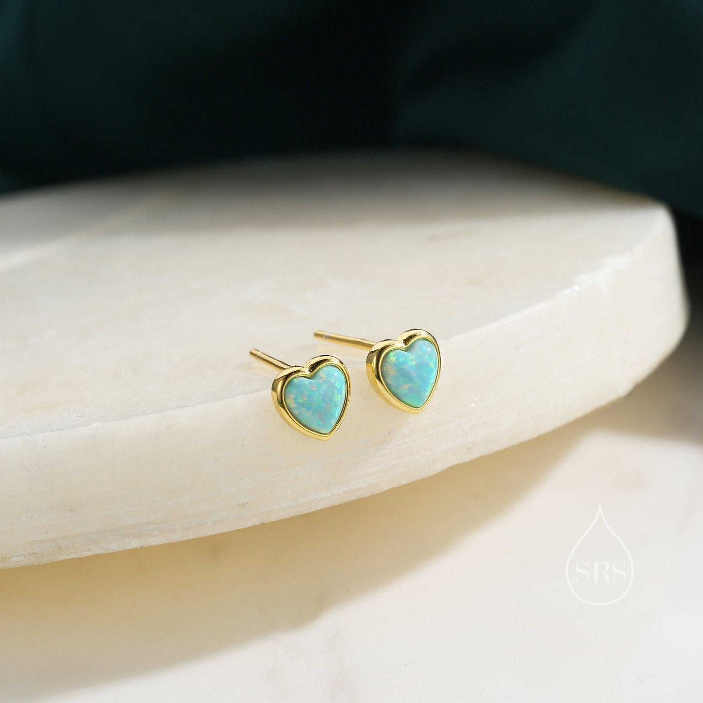 Green Opal Heart Stud Earrings in Sterling Silver, Opal Heart Earrings, Silver or Gold,  Heart Earrings, Aqua Green Blue Opal Earrings