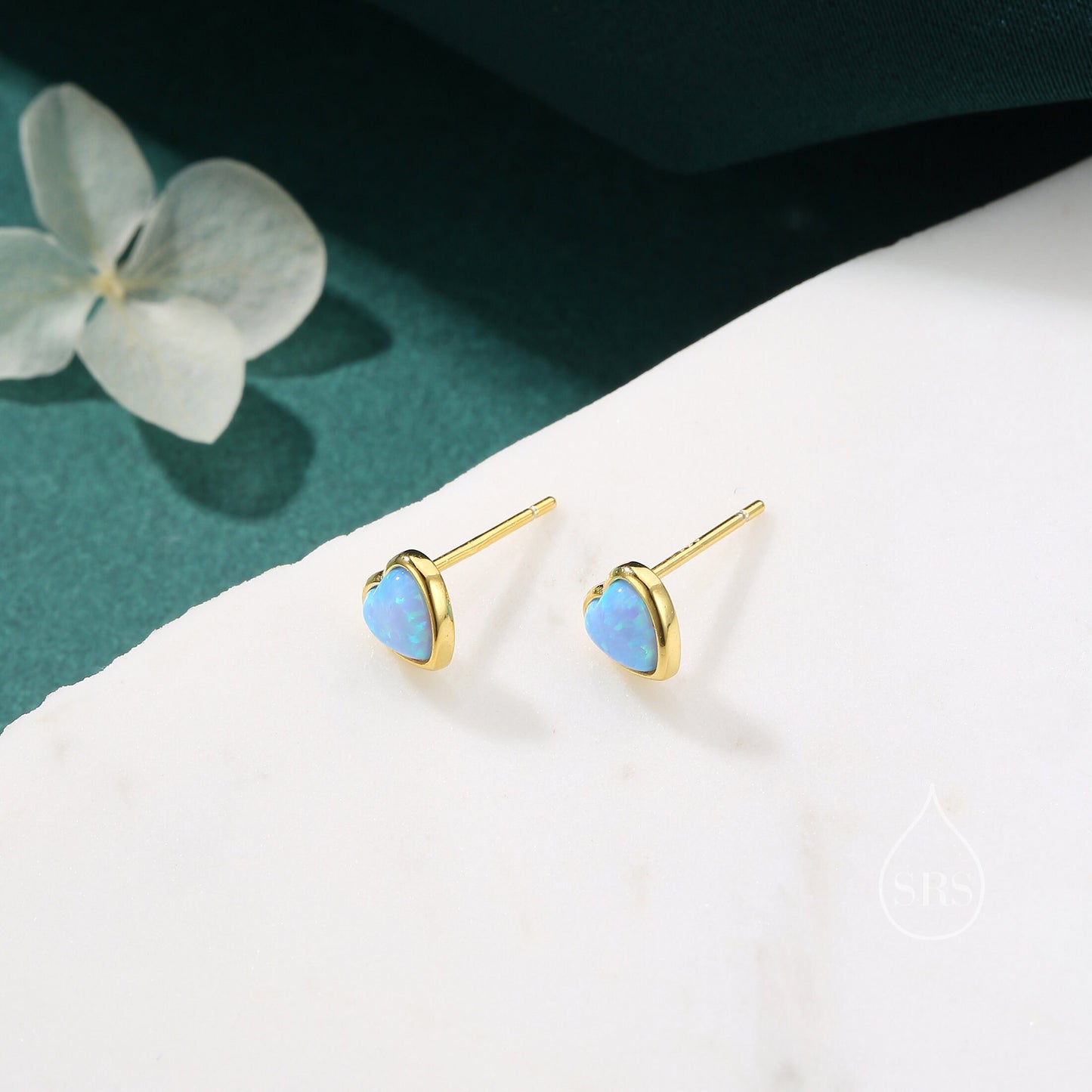 Blue Opal Heart Stud Earrings in Sterling Silver, Opal Heart Earrings, Silver or Gold,  Heart Earrings, Aqua Blue Opal Earrings