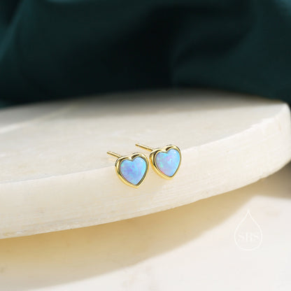 Blue Opal Heart Stud Earrings in Sterling Silver, Opal Heart Earrings, Silver or Gold, Heart Earrings, Aqua Blue Opal Earrings