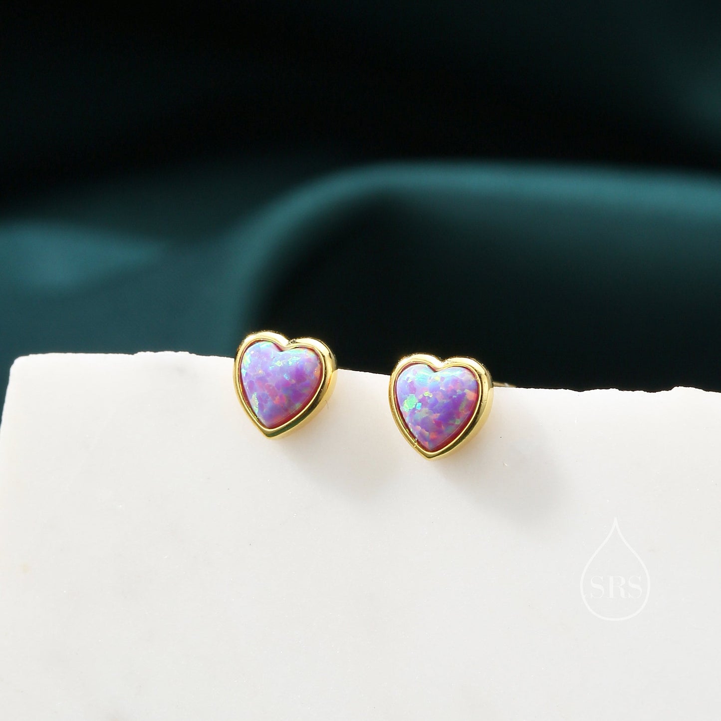 Purple Opal Heart Stud Earrings in Sterling Silver, Opal Heart Earrings, Silver or Gold,  Heart Earrings, Aqua Blue Opal Earrings