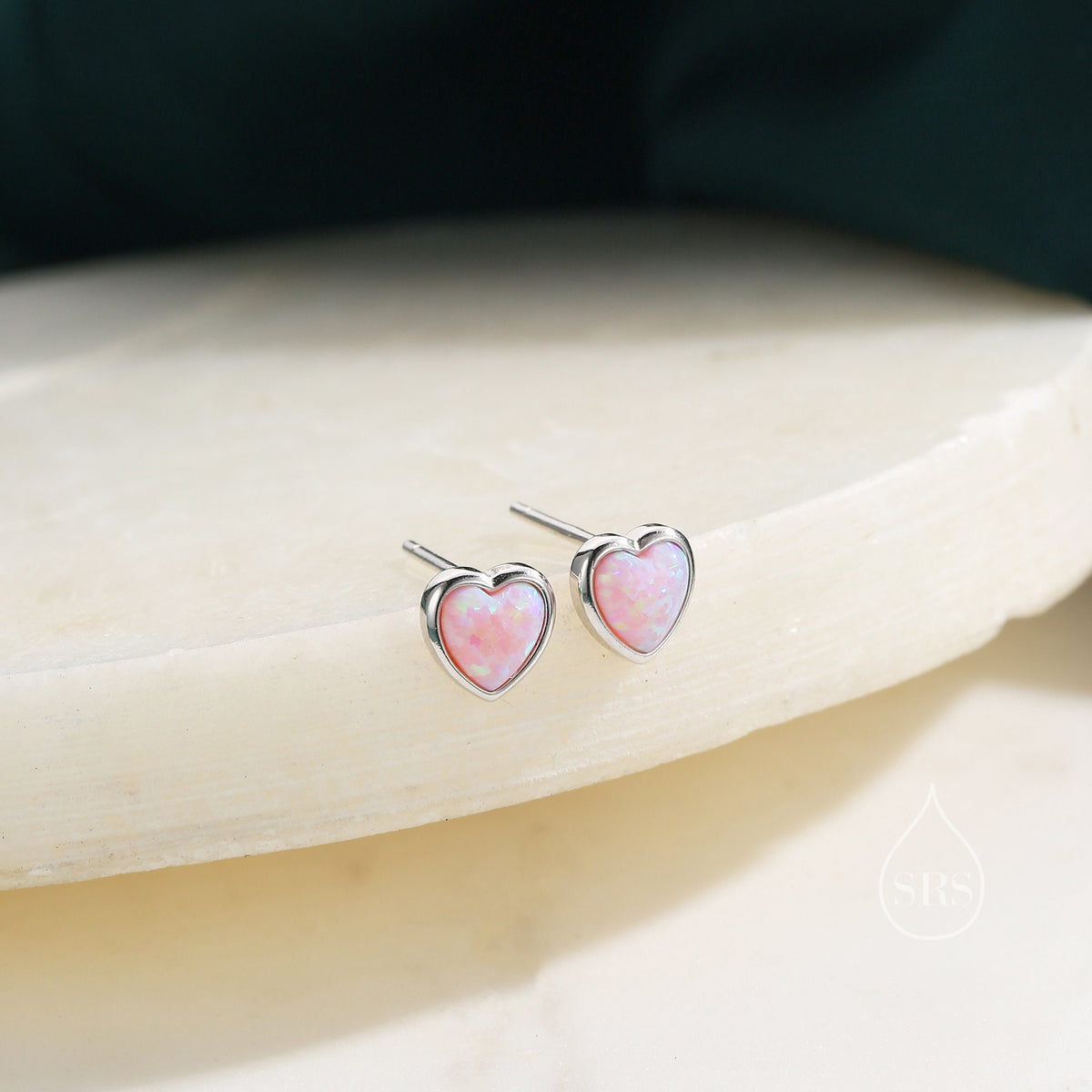 Pink Opal Heart Stud Earrings in Sterling Silver, Opal Heart Earrings, Silver or Gold, Heart Earrings, Fire Opal Earrings