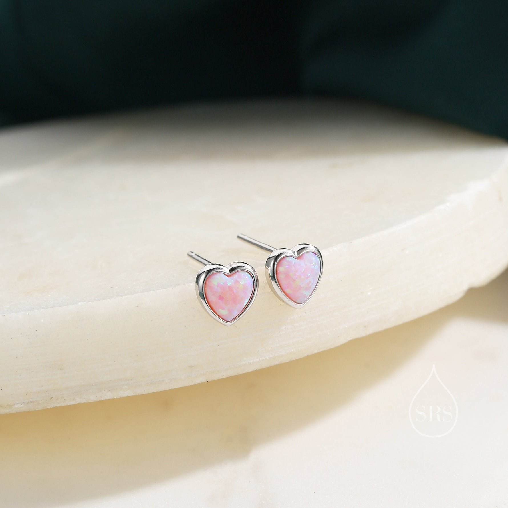 Pink Opal Heart Stud Earrings in Sterling Silver, Opal Heart Earrings, Silver or Gold, Heart Earrings, Fire Opal Earrings