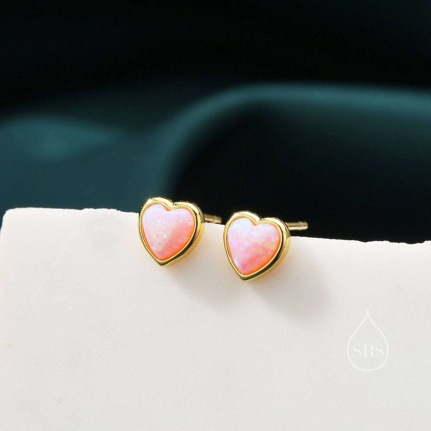 Pink Opal Heart Stud Earrings in Sterling Silver, Opal Heart Earrings, Silver or Gold, Heart Earrings, Fire Opal Earrings
