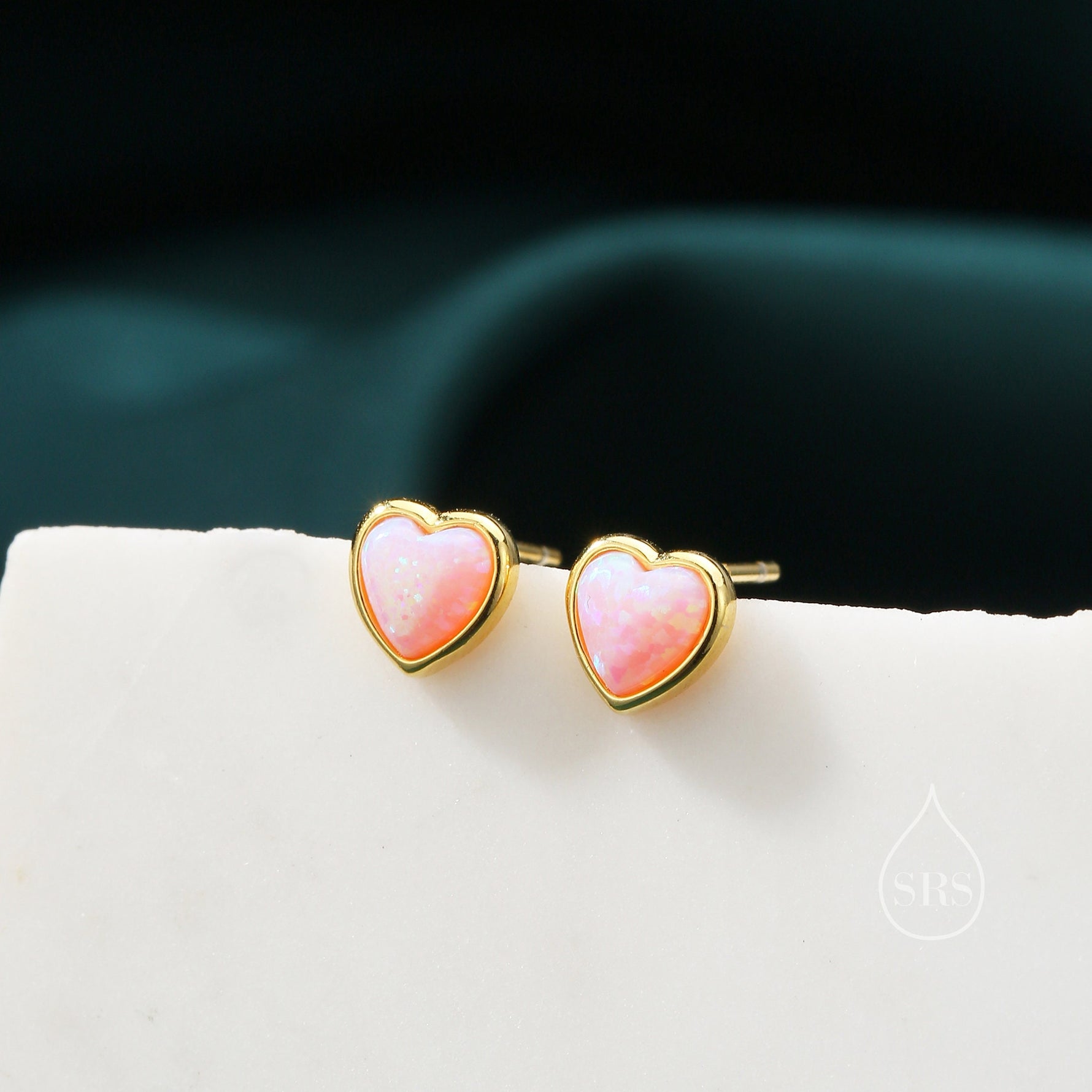 Pink Opal Heart Screw Back Earrings in Sterling Silver, Opal Heart Earrings, Silver or Gold, Heart Earrings, Fire Opal Earrings