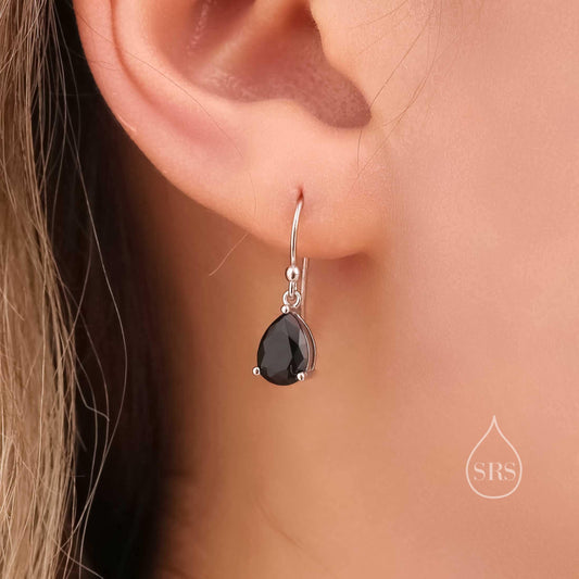 Sterling Silver Onyx Black CZ Droplet Drop Earrings in Sterling Silver, Silver or Gold, Pear Shape Hook Earrings