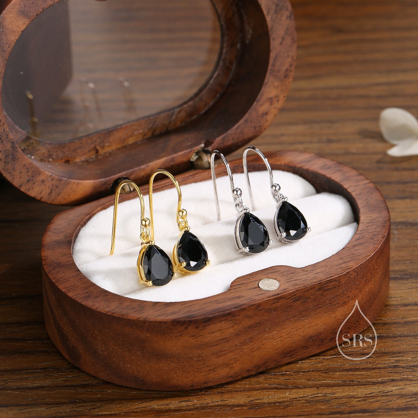 Sterling Silver Onyx Black CZ Droplet Drop Earrings in Sterling Silver, Silver or Gold, Pear Shape Hook Earrings