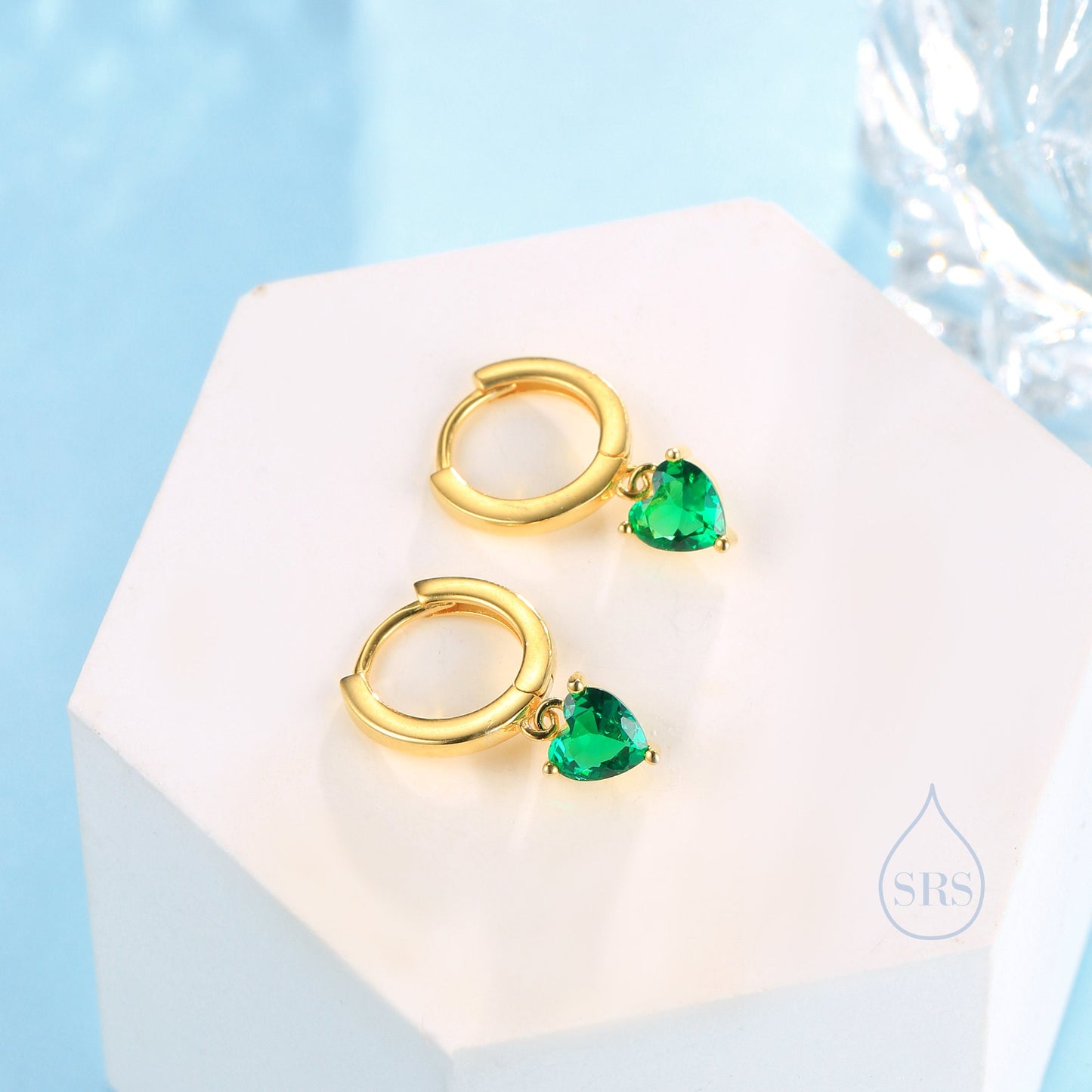 Emerald Green Heart CZ Huggie Hoop in Sterling Silver, Silver or Gold, 8mm Inner Diameter, Stacking Earrings, May Birthstone