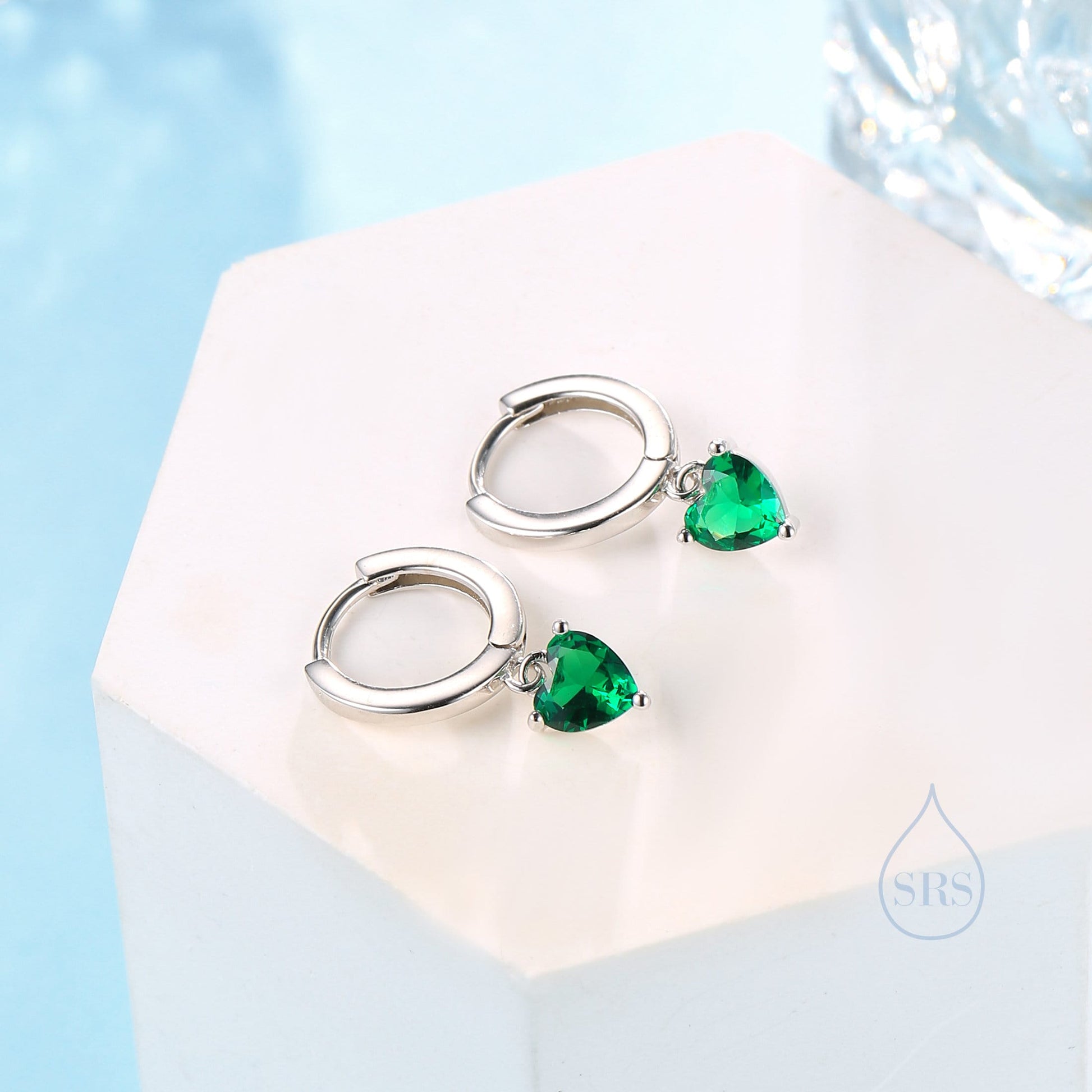 Emerald Green Heart CZ Huggie Hoop in Sterling Silver, Silver or Gold, 8mm Inner Diameter, Stacking Earrings, May Birthstone