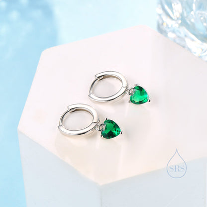 Emerald Green Heart CZ Huggie Hoop in Sterling Silver, Silver or Gold, 8mm Inner Diameter, Stacking Earrings, May Birthstone