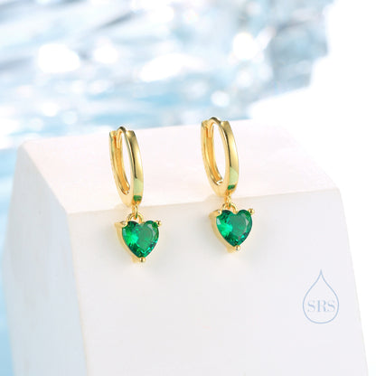 Emerald Green Heart CZ Huggie Hoop in Sterling Silver, Silver or Gold, 8mm Inner Diameter, Stacking Earrings, May Birthstone