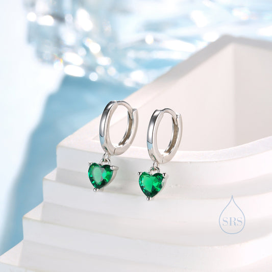 Emerald Green Heart CZ Huggie Hoop in Sterling Silver, Silver or Gold, 8mm Inner Diameter, Stacking Earrings, May Birthstone