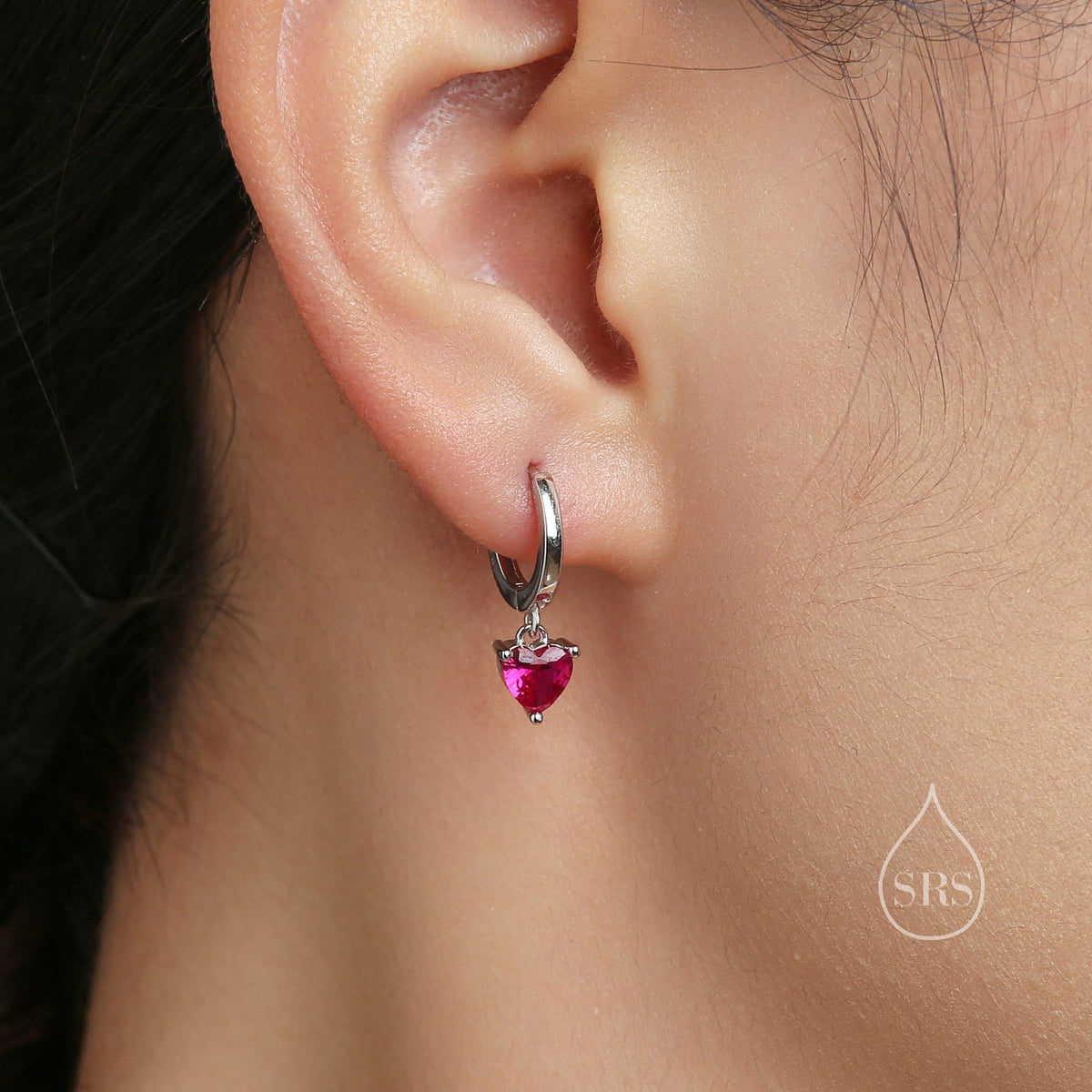 Ruby Pink Heart CZ Huggie Hoop in Sterling Silver, 8mm Inner Diameter, Stacking Earrings, July Birthstone