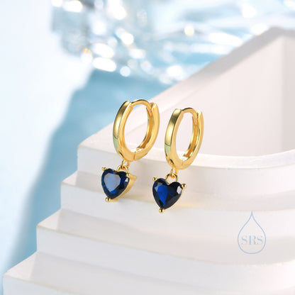 Sapphire Blue Heart CZ Huggie Hoop in Sterling Silver, Silver or Gold, 8mm Inner Diameter, Stacking Earrings, September Birthstone