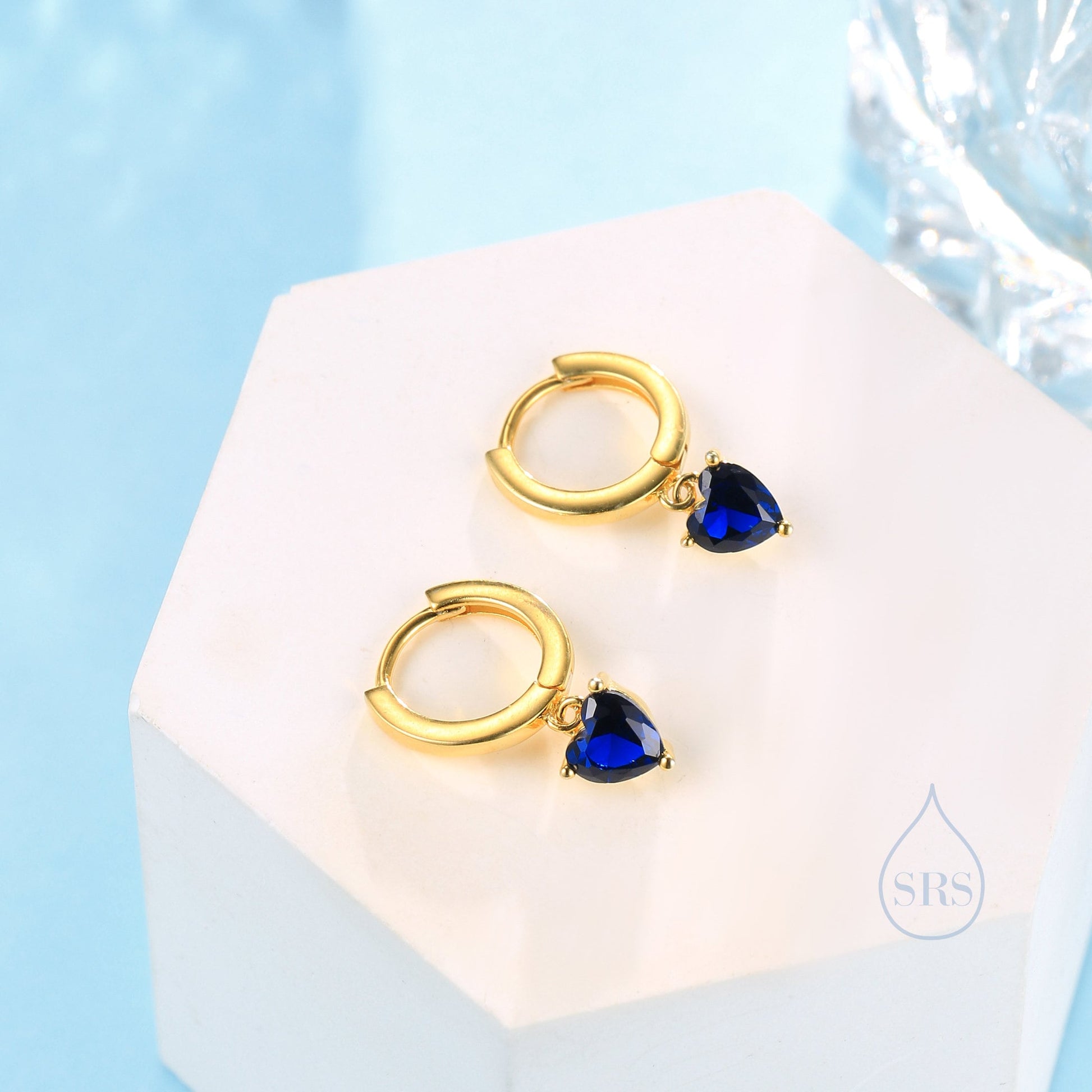 Sapphire Blue Heart CZ Huggie Hoop in Sterling Silver, Silver or Gold, 8mm Inner Diameter, Stacking Earrings, September Birthstone