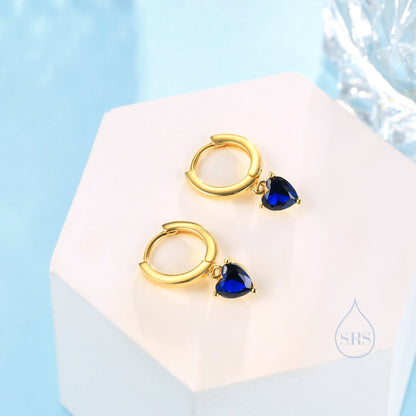 Sapphire Blue Heart CZ Huggie Hoop in Sterling Silver, Silver or Gold, 8mm Inner Diameter, Stacking Earrings, September Birthstone